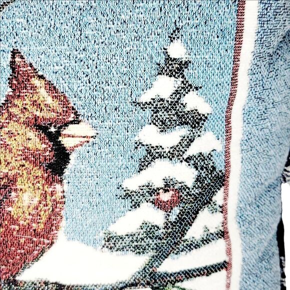 Vtg Cardinal Needlepoint Accent Throw Pillow Winter Forest Blue Red Birds - Picture 3 of 7